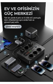 Termal Akım Korumalı 3000w 6 Lı Priz 2m Kablo 5 Usb + 1 Type-c Pd Hızlı Şarj - 936827116