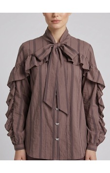 Crystalia Fular Yakalı Ve Volan Detaylı Çizgili Oversize Gömlek - Acı Kahve Kahverengi Crystalia Fular Yakalı Ve Volan Detaylı Çizgili Oversize Gömlek - Acı Kahve Kahverengi