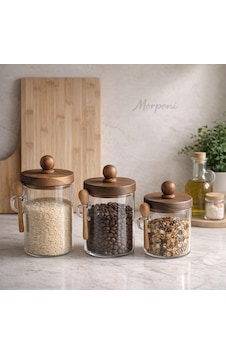 Qerhome Akasya Kapaklı 3'lü Borosilikat Cam Baharatlık Seti 450 - 550-750 Ml Düz Şeffaf Qerhome Akasya Kapaklı 3'lü Borosilikat Cam Baharatlık Seti 450 - 550-750 Ml Düz Şeffaf