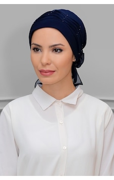 Hürrem Bone Lacivert Pratik Hazır Geçmeli Tesettür Bone Sandy Kumaş Incili Pi Lacivert
