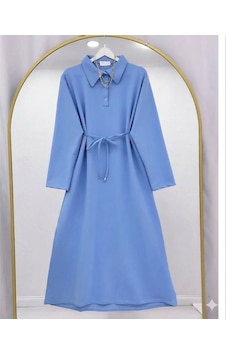 Lovie Moda Kadın Polo Yaka Bağcıklı Elbise - Mavi Lovie Moda Kadın Polo Yaka Bağcıklı Elbise - Mavi