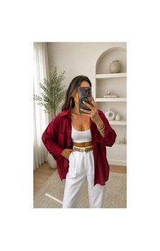 Moda Banuş Bordo Düşük Omuzlu Tensel Gömlek Moda Banuş Bordo Düşük Omuzlu Tensel Gömlek