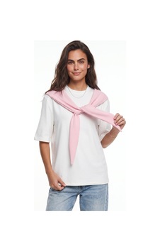 Onloox Kadın Pembe Beyaz Pembe Yumuşak Dokulu Bisiklet Yaka Oversize Kısa Kollu Şal Detaylı Basic T-shirt