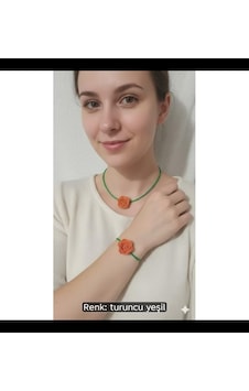 El Yapımı Çiçekli Choker Kolye Ve Bilezik Seti. Canlı Renk Kombinasyonu Kahverengi