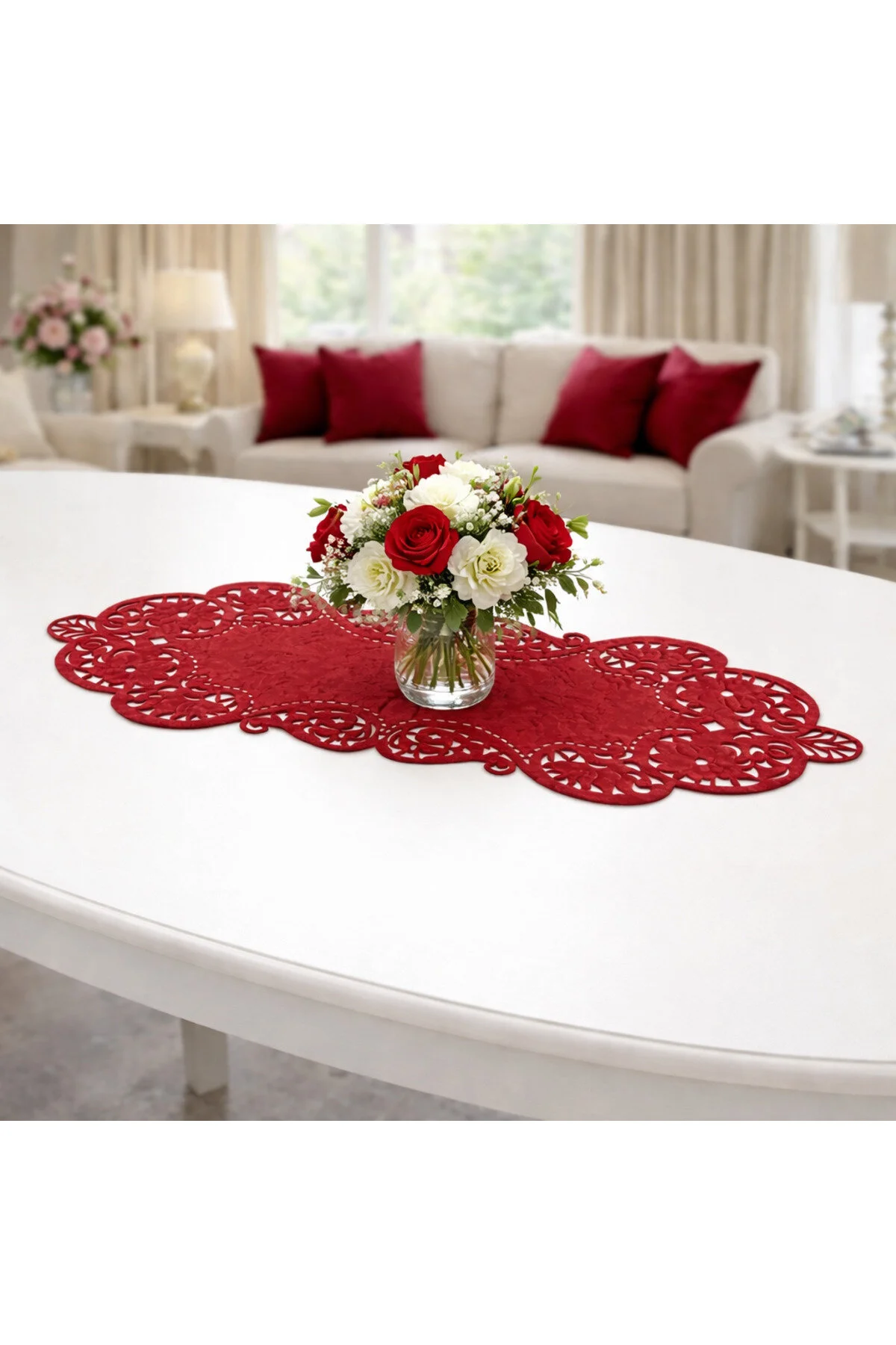 Kadife Lazer Kesim Runner 32x98 Cm Kırmıızı Kadife Lazer Kesim Runner 32x98 Cm Kırmıızı