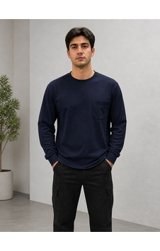 Bisiklet Yaka Sweatshirt Uzun Kollu Kışlık 2 İplik Lacivert