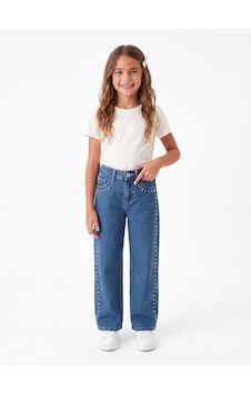 Onloox Kız Çocuk Mavi Kız Çocuk Mavi Pamuklu Denim Boru Paça Regular Kesim Damla Taş Aksesuarlı Jean Pantolon 5-9 Yaş