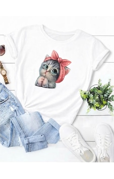 Unisex Sweet Cat Baskılı Oversize T-shirt Beyaz Unisex Sweet Cat Baskılı Oversize T-shirt Beyaz