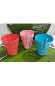3 Adet Renkli Pipetli Plastik Bardak Pipetli Bardak  Pipet Bardak