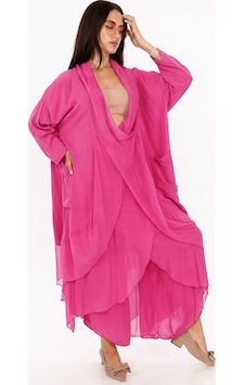Bohem Stil Italyan Ipek Detaylı Oversize Sonsuzluk Kaftan Bluz- Asimetrik Pantolon Takım Fuşya Bohem Stil Italyan Ipek Detaylı Oversize Sonsuzluk Kaftan Bluz- Asimetrik Pantolon Takım Fuşya