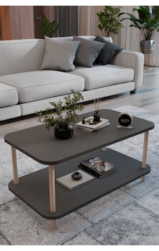 Kare Orta Sehpa 90 Cm 2 Raflı Salon Sehpası Ahşap Ayaklı Dekoratif Sehpa Antrasit