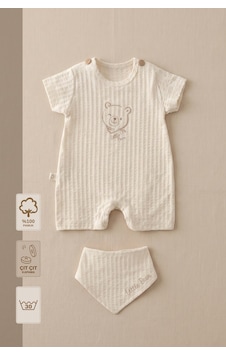 Minory Baby - %100 Pamuk Müslin Bebek Tulum Seti Ayı Nakışlı Fular Önlüklü Bej Bej Minory Baby - %100 Pamuk Müslin Bebek Tulum Seti Ayı Nakışlı Fular Önlüklü Bej Bej