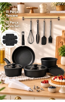 Porsima Perotti 25 Parça Mutfak Seti - 15 Parça İndüksiyonlu Seramik Kaplama Tencere Tava Seti - 10 Parça Pasta Ve Tatlı Servis Seti Siyah
