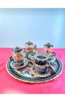 4lü Bakır Çay Ve Fincan Takımı,lokumluk,yuvarlak Tepsi
