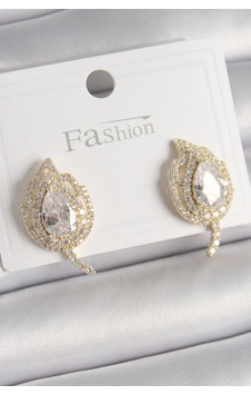 Pirinç Gold Renk Zirkon Taşlı Yaprak Model Kadın Küpe Gümüş Pirinç Gold Renk Zirkon Taşlı Yaprak Model Kadın Küpe Gümüş