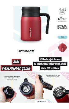 470 Ml Kulplu Termos 12 Saate Kadar Soğuk Sıcak Tutma 120 X 120 X 150mm 316l Paslanmaz Çelik Kırmızı