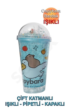 H2o Capybara Çift Cidarlı, Işıklı, Pipetli, Kapaklı Bardak Mavi H2o Capybara Çift Cidarlı, Işıklı, Pipetli, Kapaklı Bardak Mavi