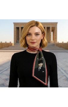Mavi Masal Atatürk İmzalı Kadın Fular Atatürk Portreli Kadın Fular Kırmızı - Siyah Mavi Masal Atatürk İmzalı Kadın Fular Atatürk Portreli Kadın Fular Kırmızı - Siyah