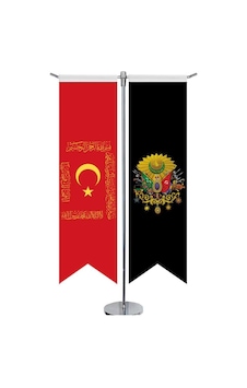 Osmanlı - Fetih Sancağı - Kelime İ Tevhid Ve Osmanlı Arması - Saten T Direk 2li Masa Bayrağı 1