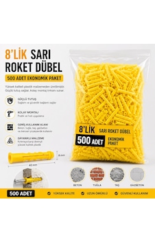 8'lik Sarı Roket Dübel 500 Adet Güçlü Plastik Duvar Dübeli Beton, Tuğla Ve Gazbeton İçin