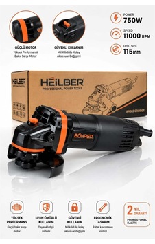 Heilber Ba0115363 750w Elektrikli Avuç Taşlama Makinesi 115 Mm Disk, 11.000 Devir, Mil Kilitli, Bakır Sarg