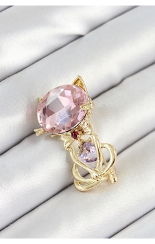Utterly Good Kedi Figürlü Broş Pembe Zirkon Taşlı Gold Renk Çok Renkli