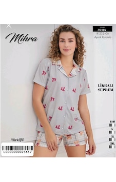 Miressa Düğmeli Şortlu Pijama Takımı Gri - Kırmızı Miressa Düğmeli Şortlu Pijama Takımı Gri - Kırmızı