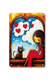 Upeka Kedi Ve Kız Şık Modern Tasarım Dekorasyon Metal Duvar Tablo 30cmx20cm