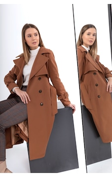 Pastelastore %100 Pamuk Gabardin Uzun 110cm Astarlı Kemerli Kadın Trençkot 1111 Taba