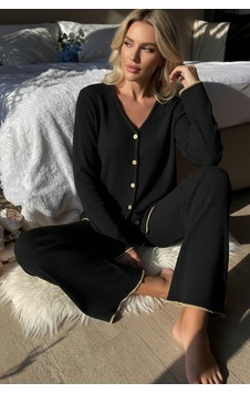Hç İç Çamaşırı Kadın Premium Fitilli Siyah Gold Biyeli Pijama Takımı Hç İç Çamaşırı Kadın Premium Fitilli Siyah Gold Biyeli Pijama Takımı