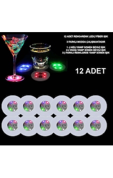 Renkli Led Işıklı Bardak Altlığı - 12 Adet, Pilli Çok Renkli