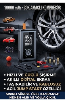 Taşınabilir Dijital Hava Kompresörü Ve Akü Takviye Cihazı 10000 5'in 1 Arada Ve Led Işıklı Fenerli - 934210177
