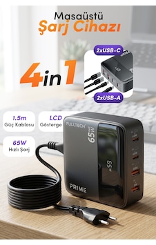 Fulltech Fc55 65w Gan Masaüstü Şarj Cihazı 4 Lü 2x Usb-c + 2x Usb-a Hızlı Şarj Hub, Lcd Ekranlı, 1 Fulltech Fc55 65w Gan Masaüstü Şarj Cihazı 4 Lü 2x Usb-c + 2x Usb-a Hızlı Şarj Hub, Lcd Ekranlı, 1