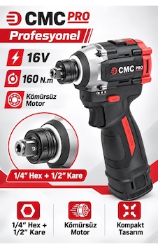 Cmc Profesyonel 16v Kömürsüz Akülü Darbeli Vidalama 160 Nm, Çift 2 Ah Akü, Çok Fonksiyonlu Cmc Profesyonel 16v Kömürsüz Akülü Darbeli Vidalama 160 Nm, Çift 2 Ah Akü, Çok Fonksiyonlu