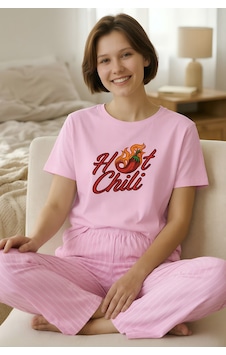 Yeni İnci Pamuk Uzun Alt Kısa Kol Pijama Takım Pembe