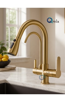 Spiralli Arıtmalı Lüx Mutfak Eviye Bataryası Modern Mat Gold Renk Pirinç Gövde Musluk Mat Altın