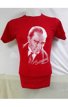 Nacar Store Unısex Kırmızı Mustafa Kemal Atatürk Baskılı Çocuk Tişört Beyaz-kırmızı-imza