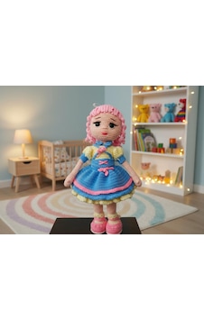 El Yapımı Amigurumi Kız Bebek Kişiye Özel Renk Seçenekli Örgü Oyuncak Açık Mavi