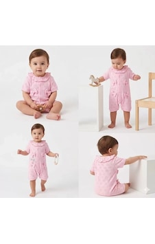 Pekminibebe 3/12 Ay Yakalı Fiyonklu Jakar Kumaş Bebek Tulumu Pembe