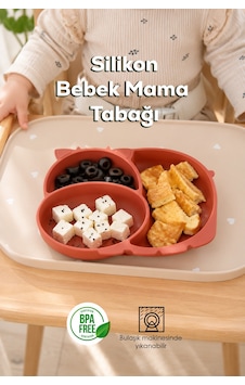 Porsima Mys34005-1 Silikon 3 Bölmeli Kaymaz Bebek Mama Tabağı Kiremit 14 21cm