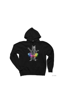 Kedi Hulahop Siyah Fermuarlı Kapşonlu Sweatshirt