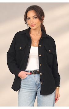 By Saygı Kadın Kapaklı Çift Cepli Önü Düğmeli Kaşe Oversize Gömlek Siyah By Saygı Kadın Kapaklı Çift Cepli Önü Düğmeli Kaşe Oversize Gömlek Siyah