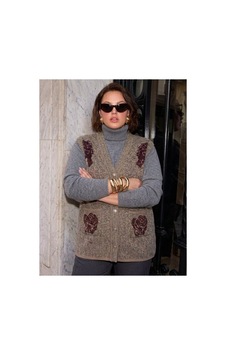 Onno Style Women Karyağdı Gül Desenli Çelik Örgü Triko Kadın Yelek Bej Onno Style Women Karyağdı Gül Desenli Çelik Örgü Triko Kadın Yelek Bej