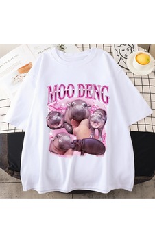 Flood Of Style Tayland Yılında Moo Deng Bouncy Domuz Bebek Komik Meme T-shirt Erkekler Kadınlar Kawaii T-shi Beyaz