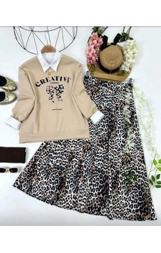Lovie Moda Kadın Leopar Desenli Etekli Takım Bej Lovie Moda Kadın Leopar Desenli Etekli Takım Bej
