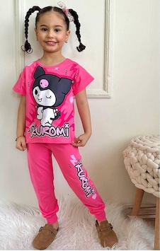 Kız Çocuk Kedi Desenli Kısa Kollu Tshırt Eşofman 2'li Takım-1000 Koyu Pembe