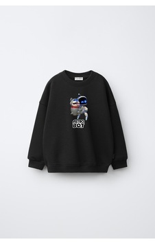 Fasardi Astro Bot Baskılı Oversize 3 İplik Şardonsuz Uzun Kollu Unisex Çocuk Sweatshirt Siyah