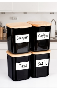 4'lü Ahşap Vakumlu Kapaklı Kare Akrilik Tea Sugar Coffee Salt Erzak Saklama Kabı 900 Ml Siyah