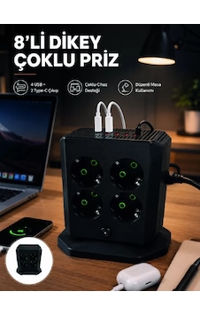 8'li Dikey Çoklu Priz 4 Usb 2 Type-c Girişli Akım Korumalı Uzatma Prizi 0.13 M 8'li Dikey Çoklu Priz 4 Usb 2 Type-c Girişli Akım Korumalı Uzatma Prizi 0.13 M