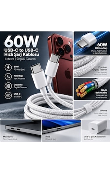 60w Premium Örgülü Usb Type-c To Type-c Sarj Kablosu 60w Premium Örgülü Usb Type-c To Type-c Sarj Kablosu